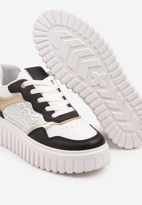 Biało-Czarne Sneakersy na Platformie z Tłoczeniem Ozdobione Panterką i Perforacją Udivaya