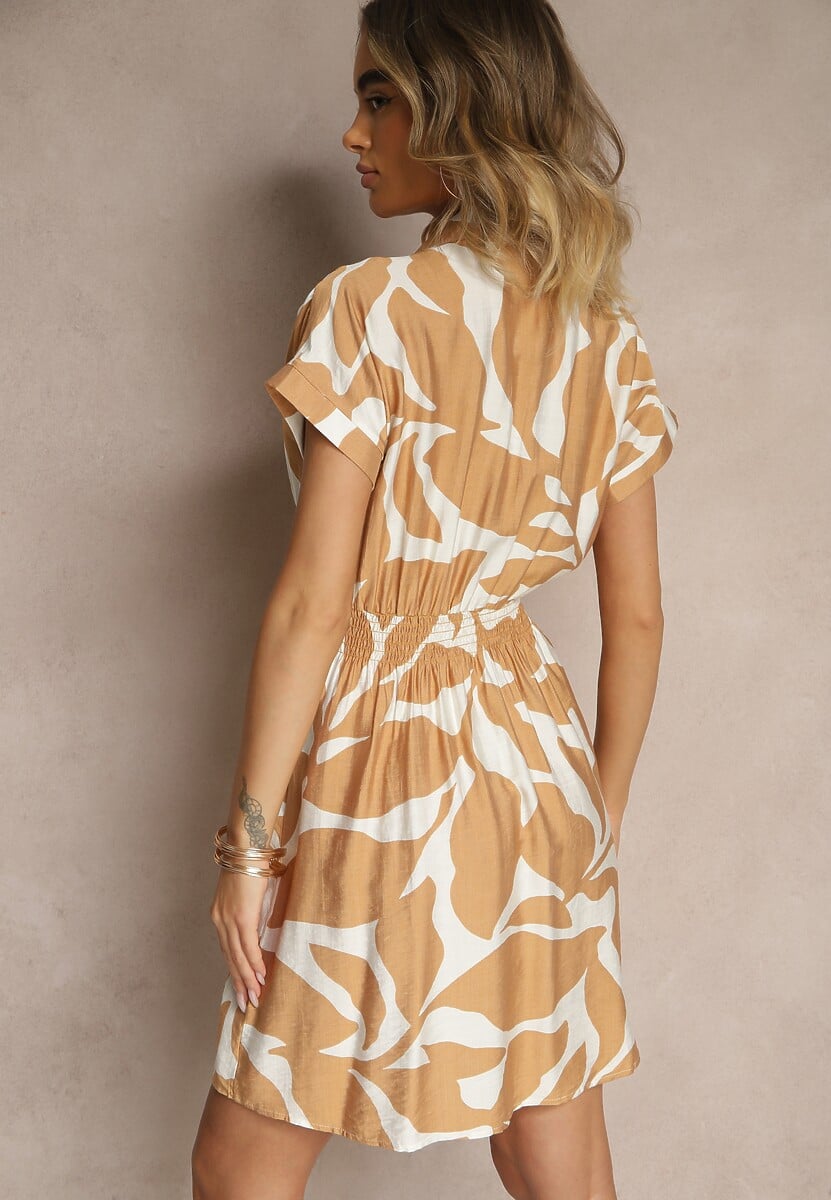 Beżowa Sukienka z Wiskozą i Geometrycznym Motywem Galidela