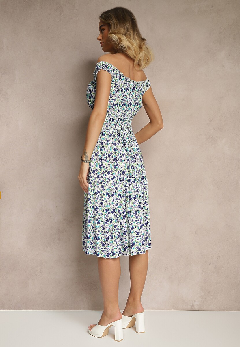 Biało-Niebieska Bawełniana Sukienka z Guzikami o Rozkloszowanym Kroju w Kwiatowy Print Roniselle