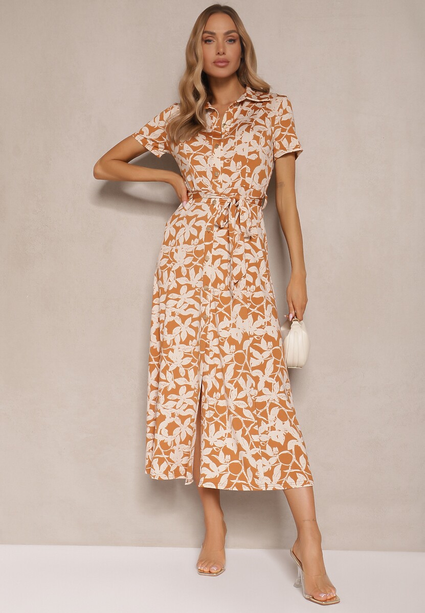 Beżowa Kwiecista Sukienka z Wiskozą o Koszulowym Kroju z Wiązanym Paskiem Zeranella