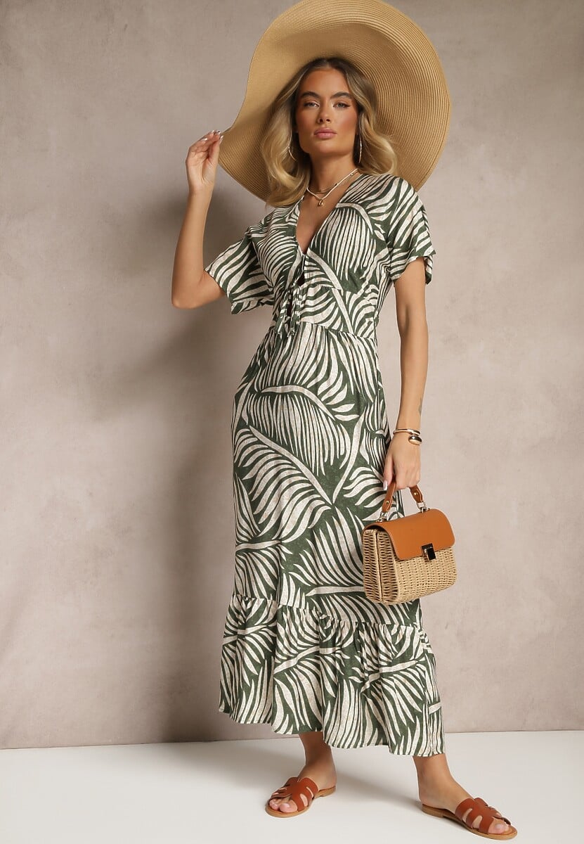 Zielona Sukienka Wiskozowa o Rozkloszowanym Kroju w Liściasty Wzór Beledia