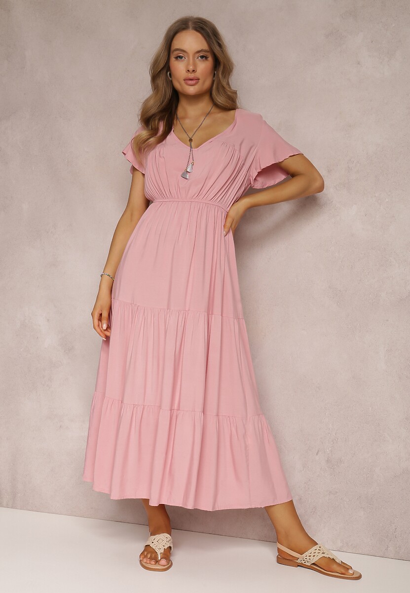 Różowa Sukienka z Wiskozy o Rozkloszowanym Kroju z Falbanami Jonmy