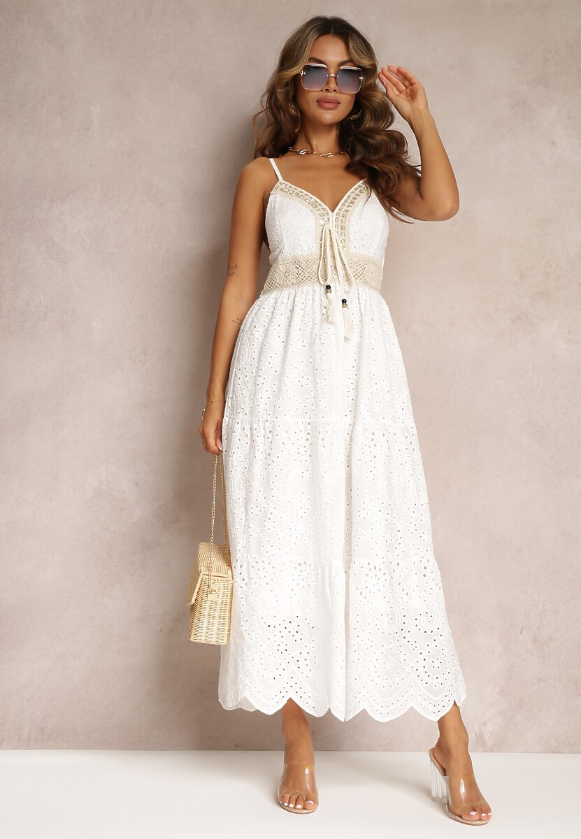Biała Haftowana Sukienka z Bawełny na Cienkich Ramiączkach Ozdobiona Cekinami Helatia