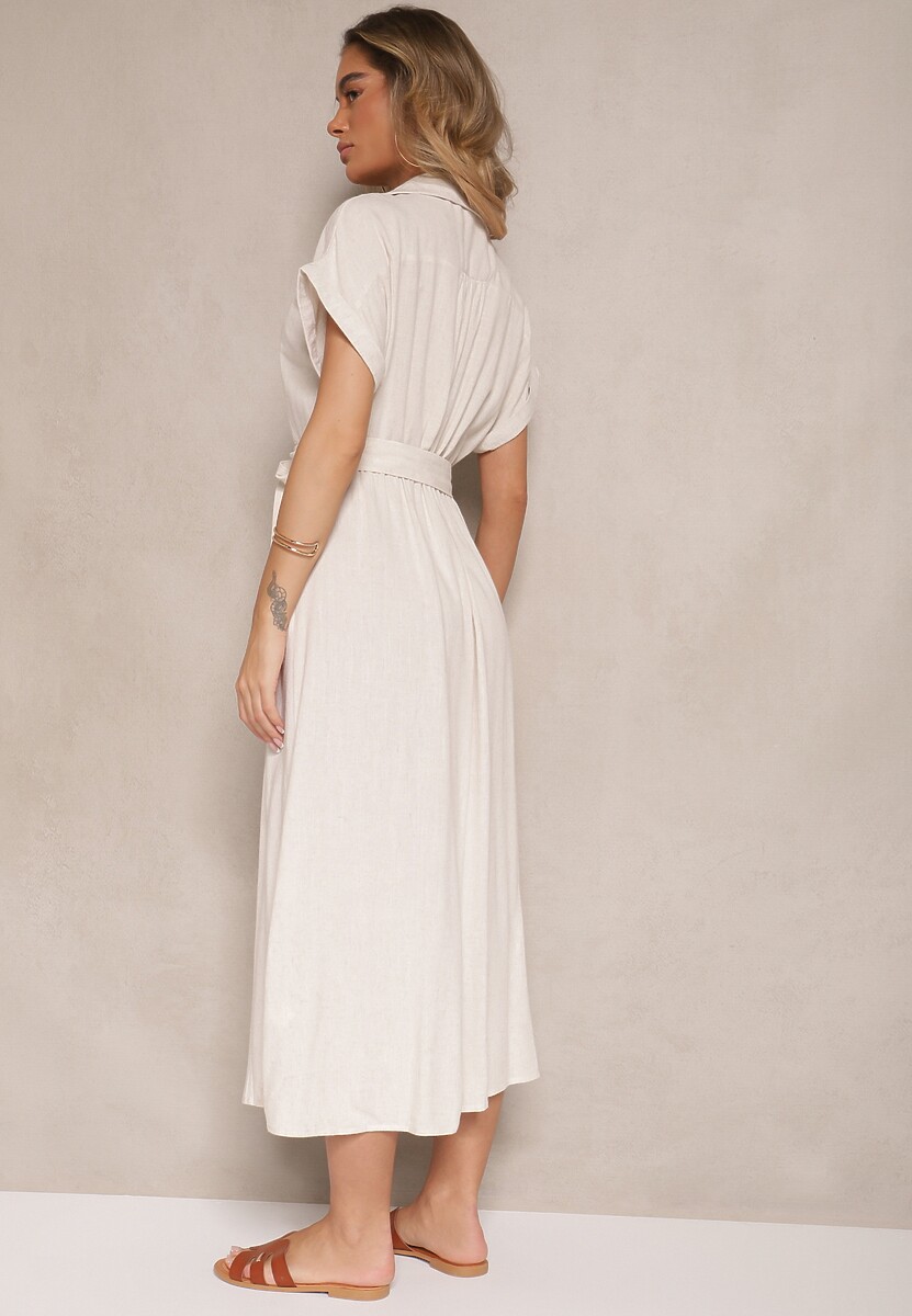 Jasnobeżowa Bawełniana Sukienka Koszulowa z Wiązanym Paskiem i Krótkim Rękawem Elannoria