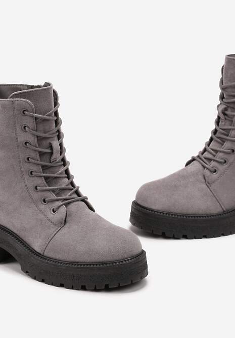 Szare Sznurowane Botki na Grubej Podeszwie Vagala