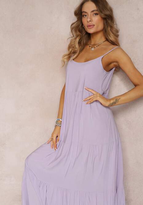 Fioletowa Sukienka Maxi z Wiskozy na Ramiączkach Avaja