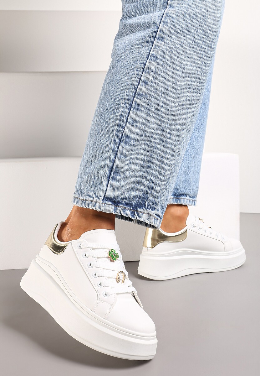 Biało-Złote Sneakersy Ozdobione Cyrkoniami i Kwiatami na Grubej Podeszwie Rainasse