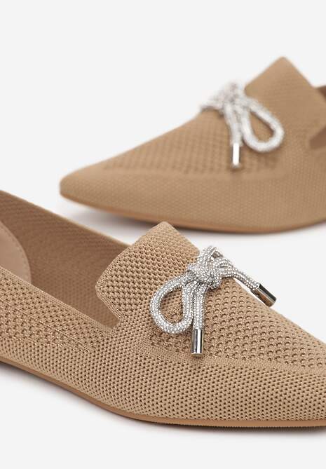 Ciemnobeżowe Balerinki na Płaskiej Podeszwie z Kokardką z Cyrkonii Preslia