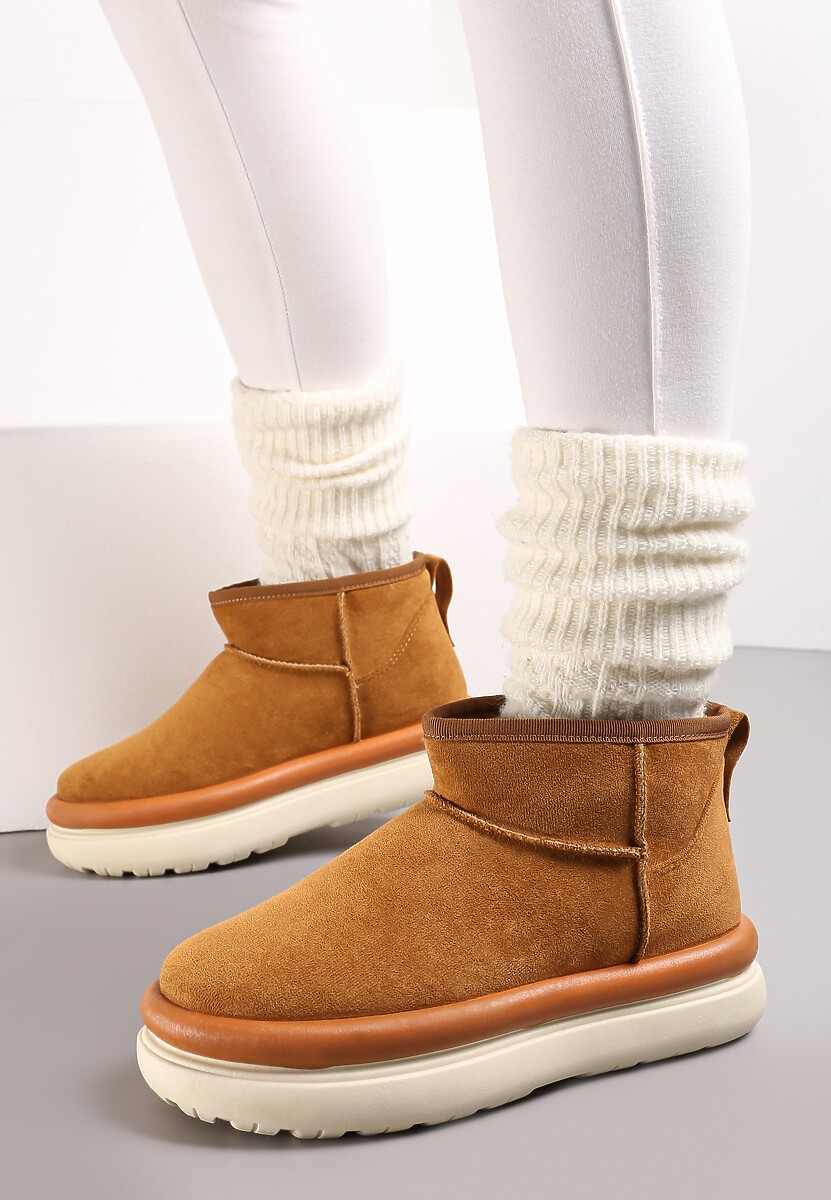 Brązowe Śniegowce Ultra Mini na Grubej Podeszwie z Futerkiem Asemmia