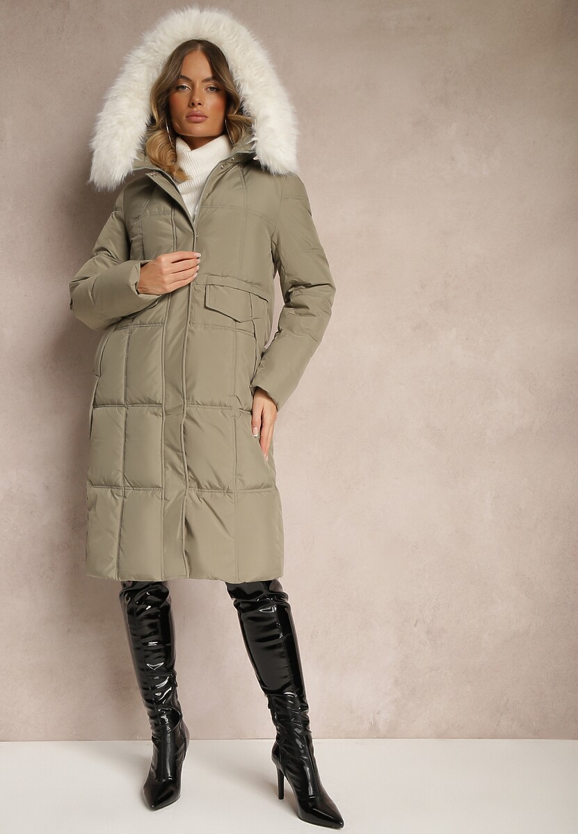Zielona Długa Kurtka z Pikowanymi Przeszyciami i Kapturem z Odpinanym Futrem Pretinae