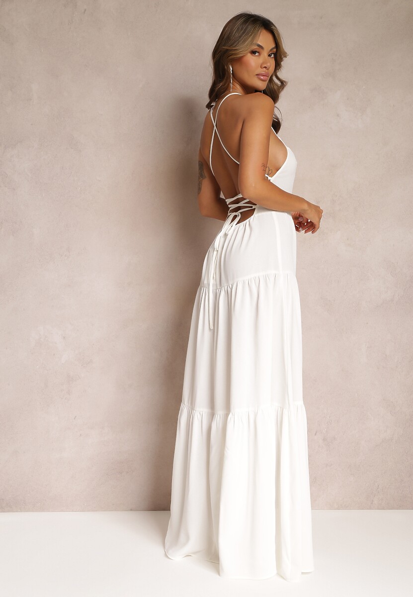 Biała Rozkloszowana Maxi Sukienka z Falbankami i Wiązaniem na Tyle Karins