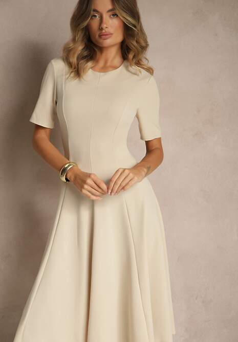 Beżowa Sukienka Rozkloszowana o Taliowanym Fasonie Telaswena