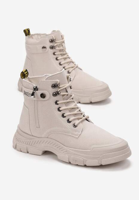 Beżowe Sznurowane Botki Traperki na Grubej Podeszwie Trewenna