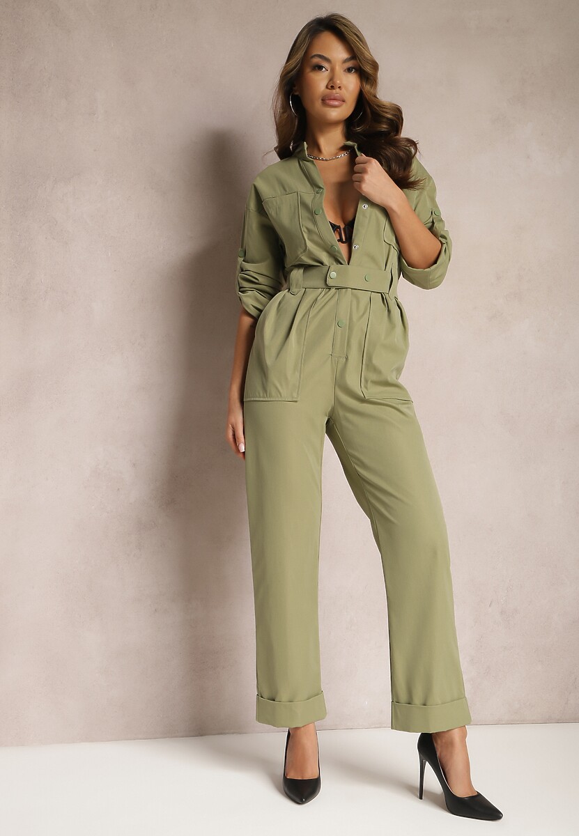 Ciemnobeżowy Kombinezon Utility z Szerokimi Nogawkami i Paskiem Pireval