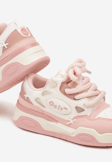 Różowe Sneakersy na Płaskiej Podeszwie Ozdobione Szerokimi Sznurówkami Veniefra
