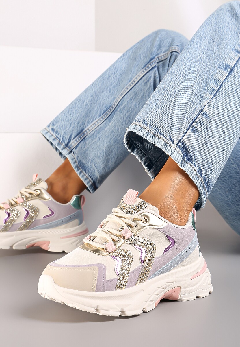 Jasnobeżowe Sznurowane Sneakersy na Platformie Ozdobione Brokatem Betira