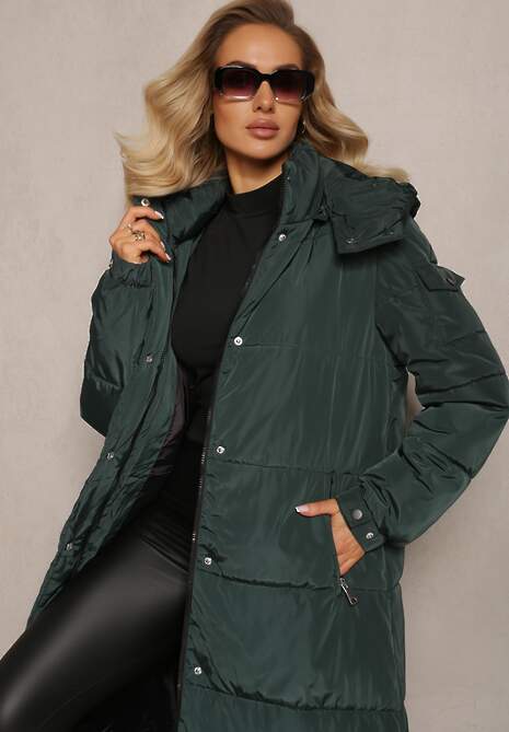 Ciemnozielona Długa Kurtka Płaszcz z Pikowaniem i Odpinanym Kapturem Mystaris