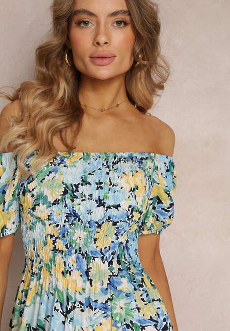 Niebieska Sukienka w Kwiaty Hiszpanka z Wiskozy Mellani