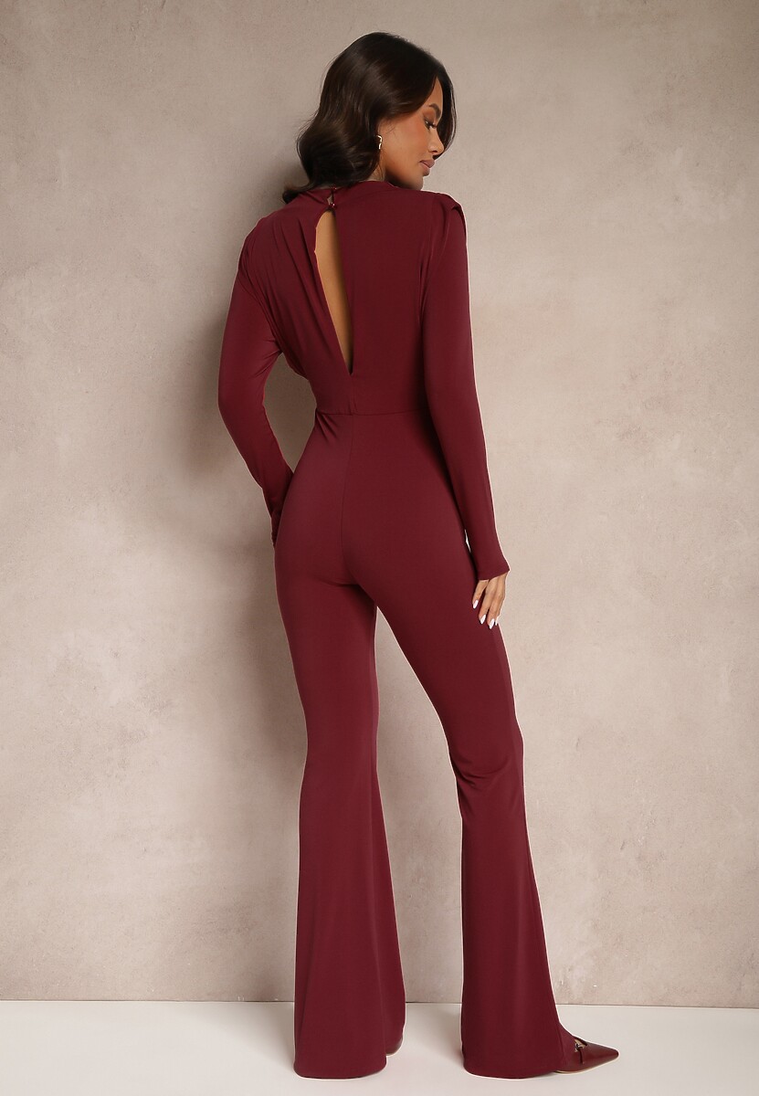Bordowy Taliowany Kombinezon Koktajlowy z Ozdobnym Wycięciem z Tyłu Sewini