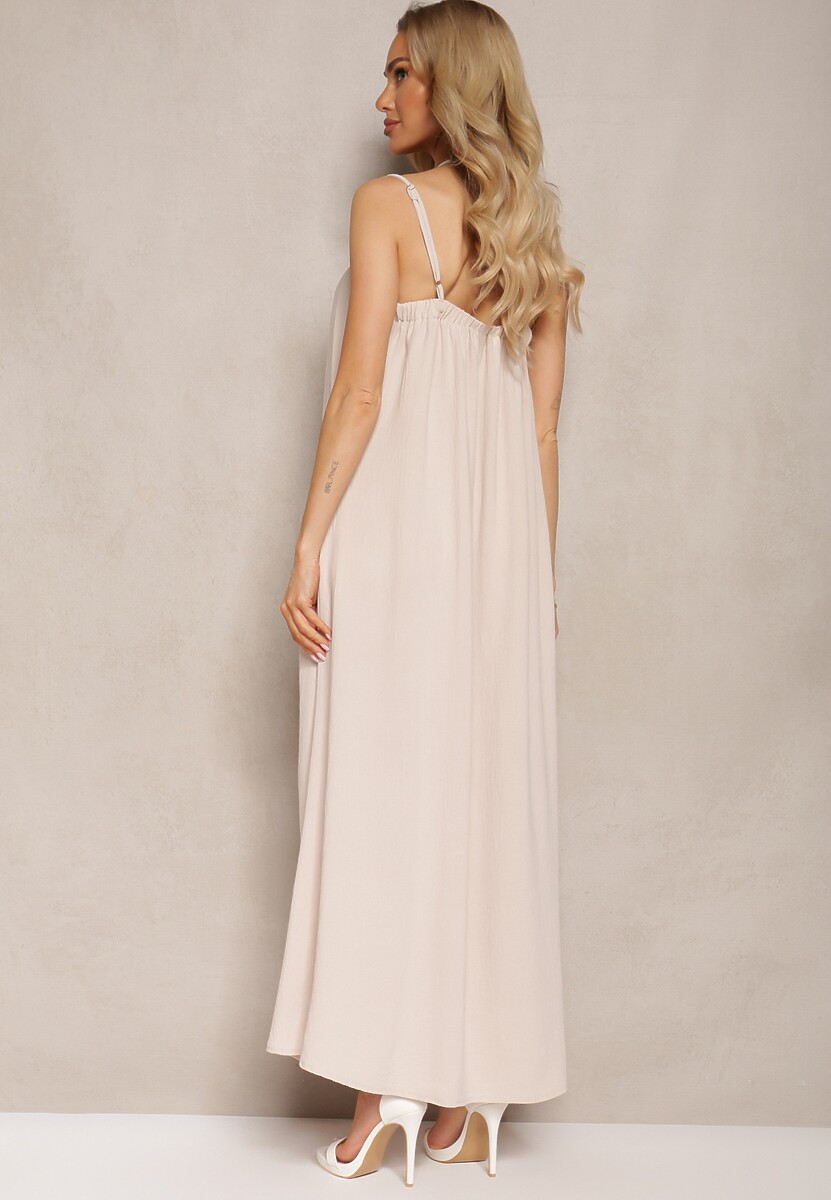 Jasnobeżowa Sukienka z Regulowanymi Ramiączkami i Wiązaniem przy Szyi Qloenma