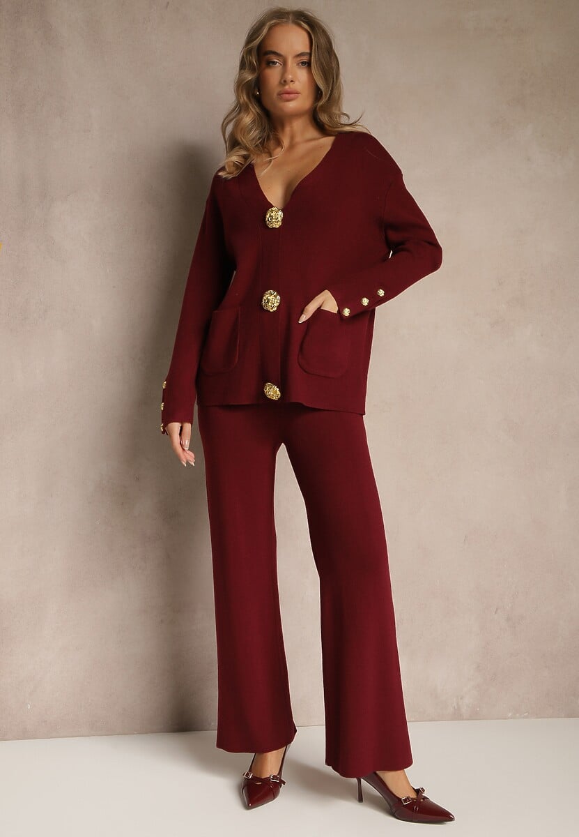 Brązowy Komplet z Dzianiny z Wiskozą Kardigan i Spodnie z Gumką Badrine