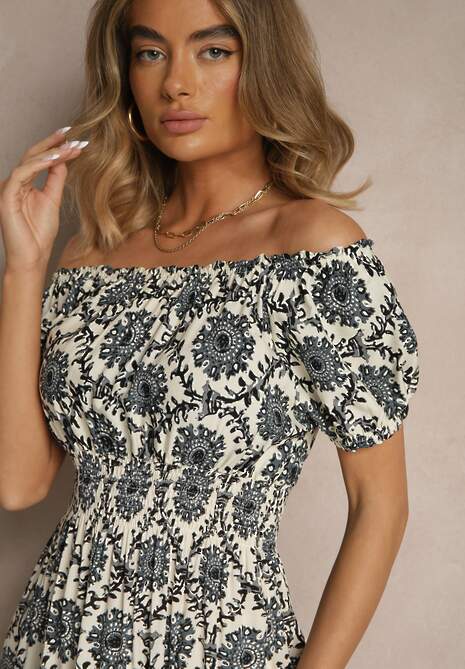 Czarna Sukienka z Bawełną Ozdobiona Bufiastymi Rękawami Revalle