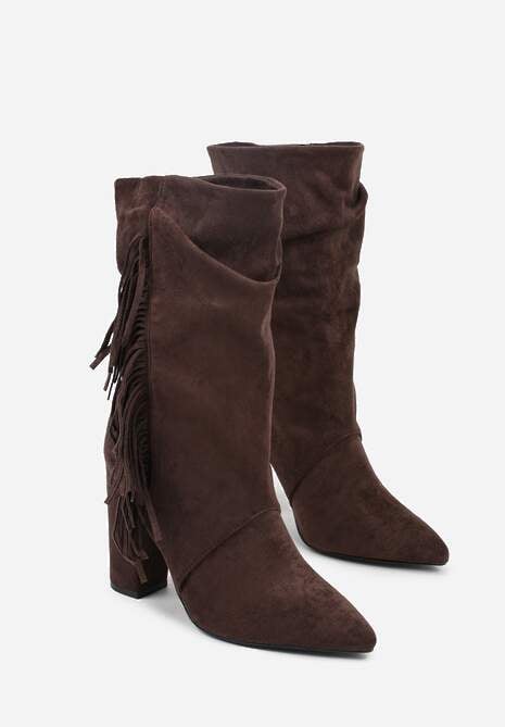 Brązowe Botki Kowbojki na Słupku z Frędzlami Reisetia