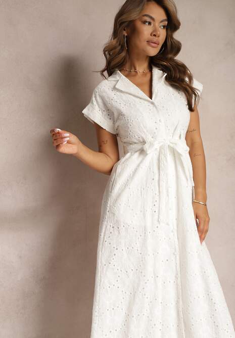 Biała Rozkloszowana Koszulowa Sukienka z Bawełny z Ażurowym Zdobieniem i Paskiem Ilosofia