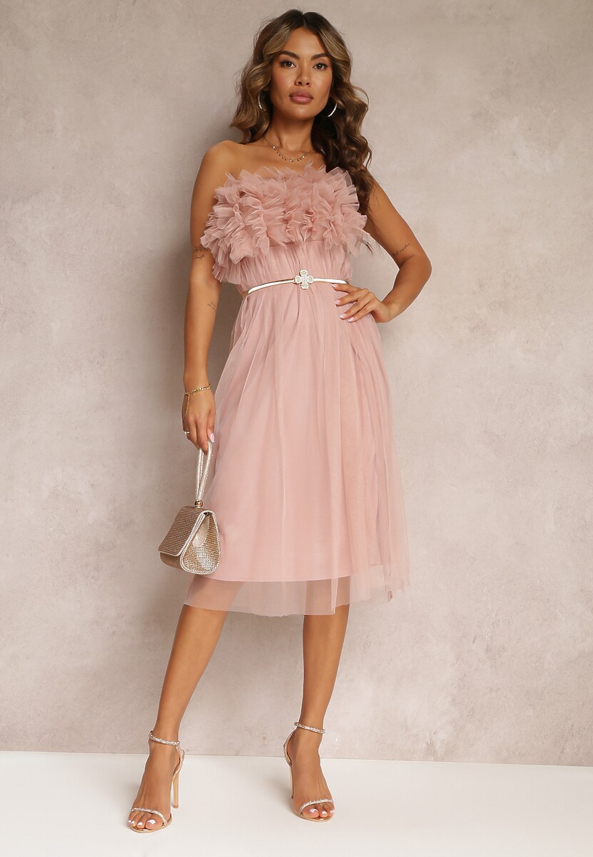 Fioletowa Tiulowa Sukienka bez Ramiączek z Falbankami Tremone