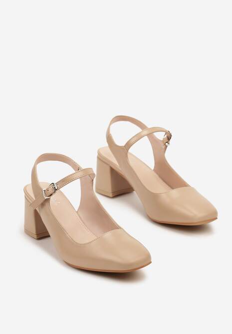 Beżowe Czółenka na Słupku Wykończone Kwadratowym Noskiem bez Pięty Tinadoria