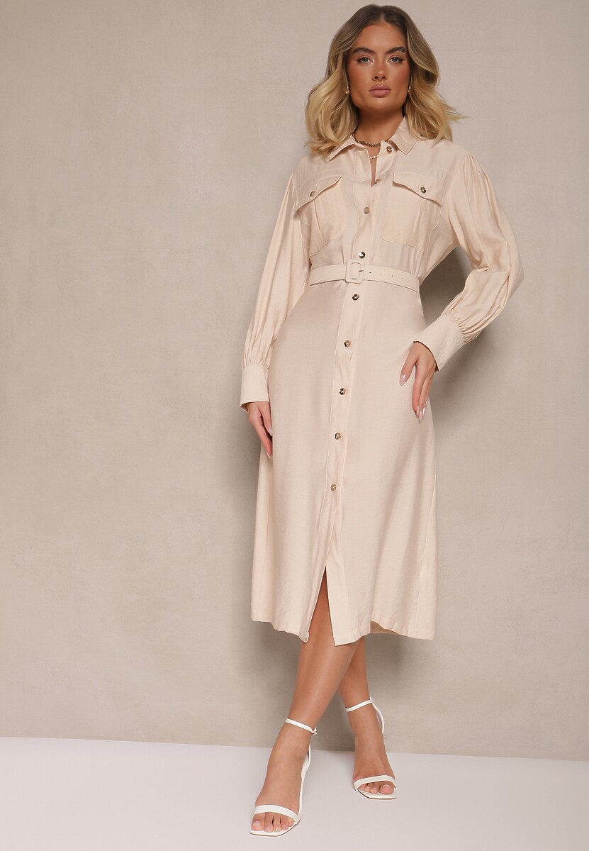 Niebieska Koszulowa Sukienka z Wiskozy z Paskiem z Klamrą i Kieszeniami Lisandrila