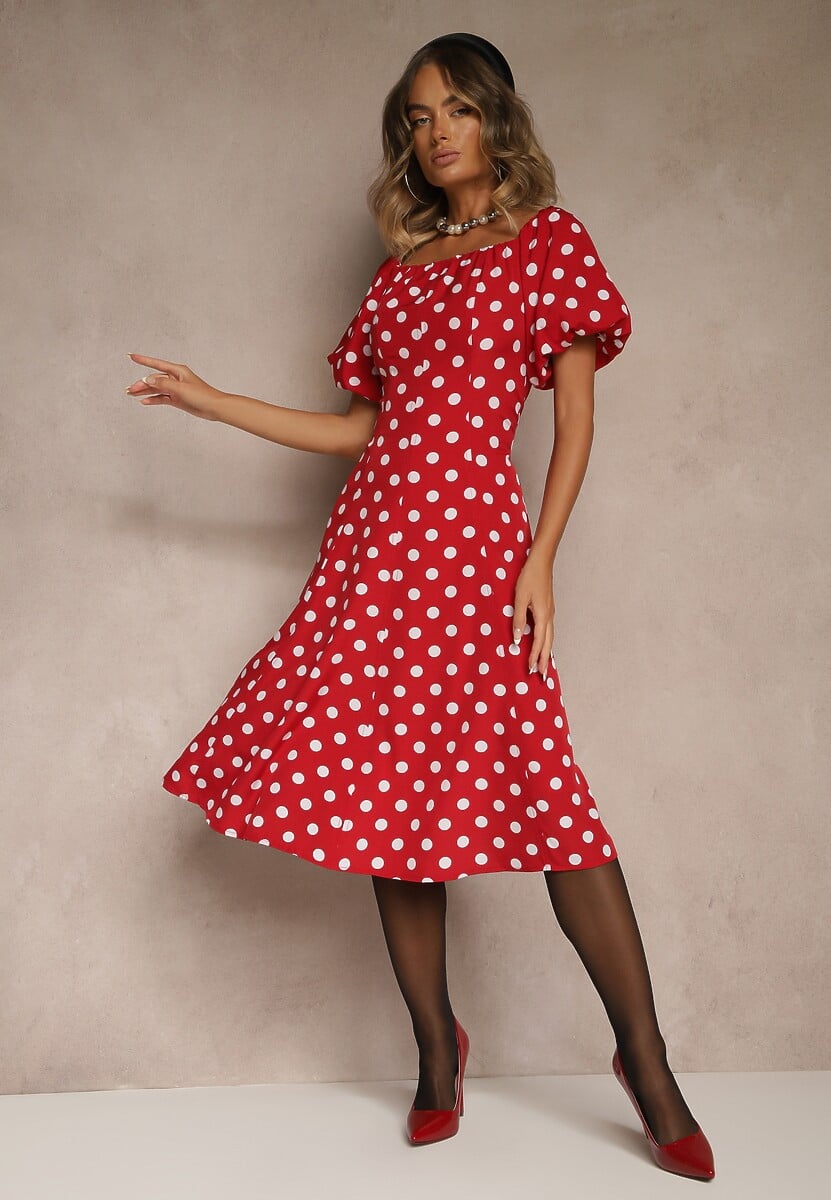 Czerwona Sukienka Hiszpanka Vices w Kropki o Rozkloszowanym Kroju Zilua