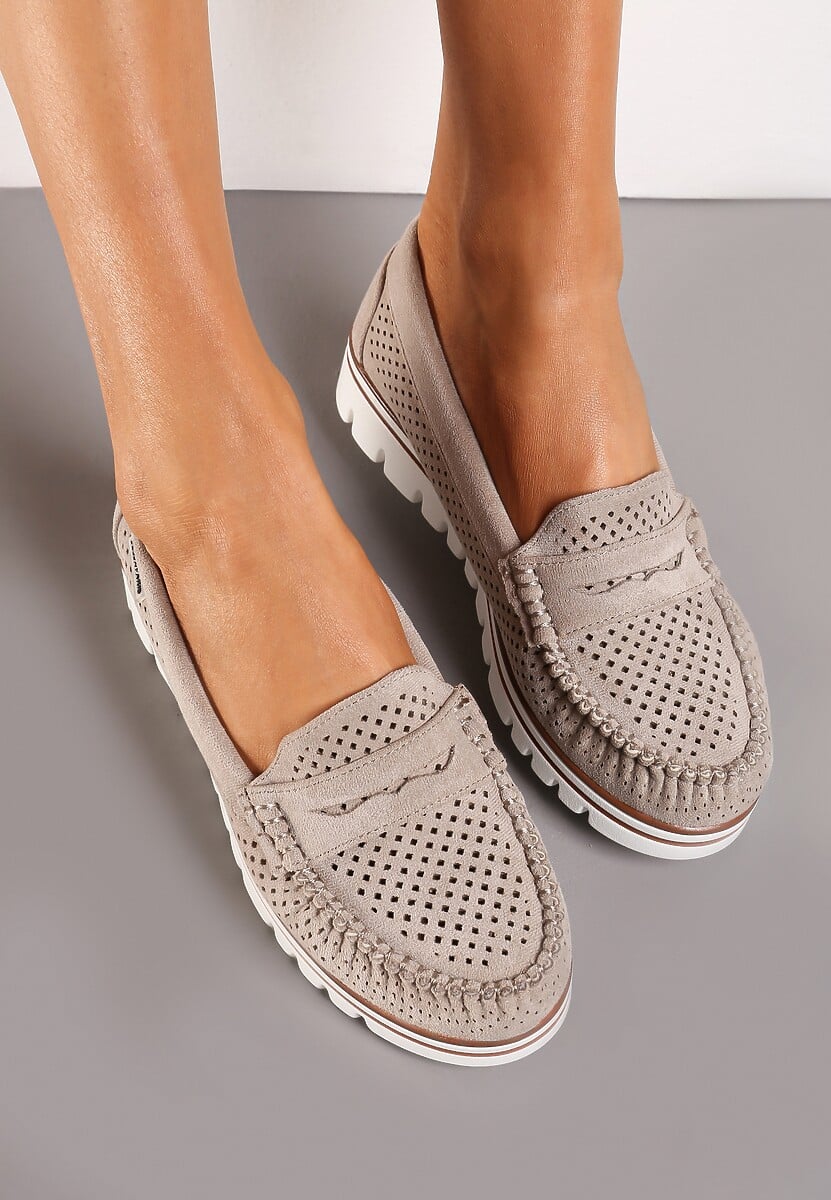 Beżowe Ażurowe Mokasyny Casual z Wkładką ze Skóry Naturalnej  Marra