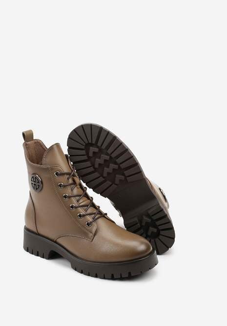 Ciemnobeżowe Botki Potocki Workery z Geometryczną Ozdobą Firiselle