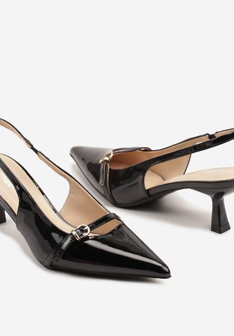Czarne Lakierowane Sandały Slingback na Obcasie Kaczuszka Aovia