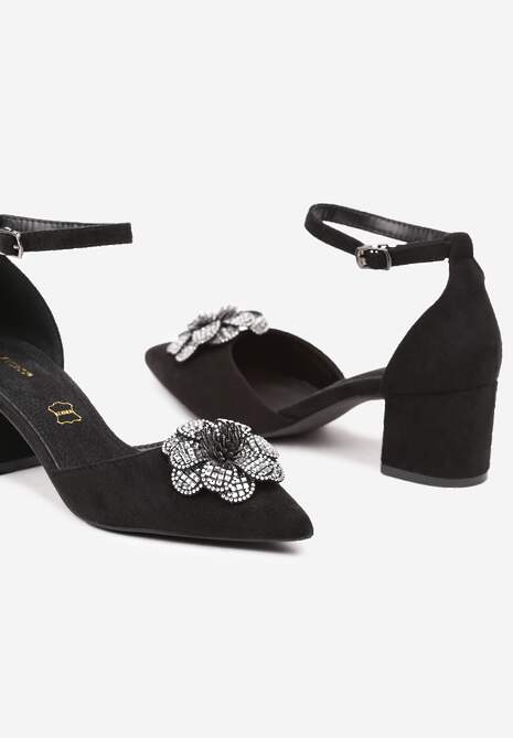 Czarno-Srebrne Czółenka na Słupku Vices ze Skórzaną Wkładką i Kwiatową Aplikacją z Brokatem Leandriel