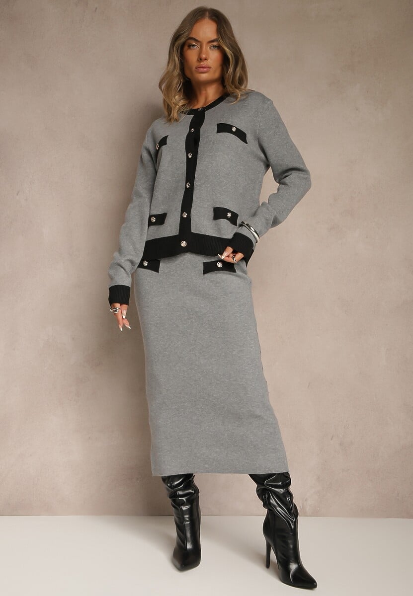 Czarno-Biały Sweterkowy Komplet z Dzianiny z Bawełną Kardigan i Spódnica Derrive