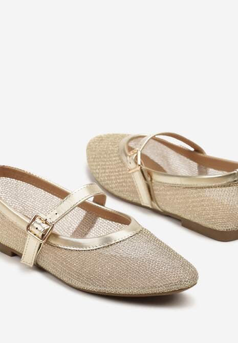 Złote Balerinki Vices w Stylu Mary Jane z Siateczki z Metalicznym Połyskiem Kolarilia