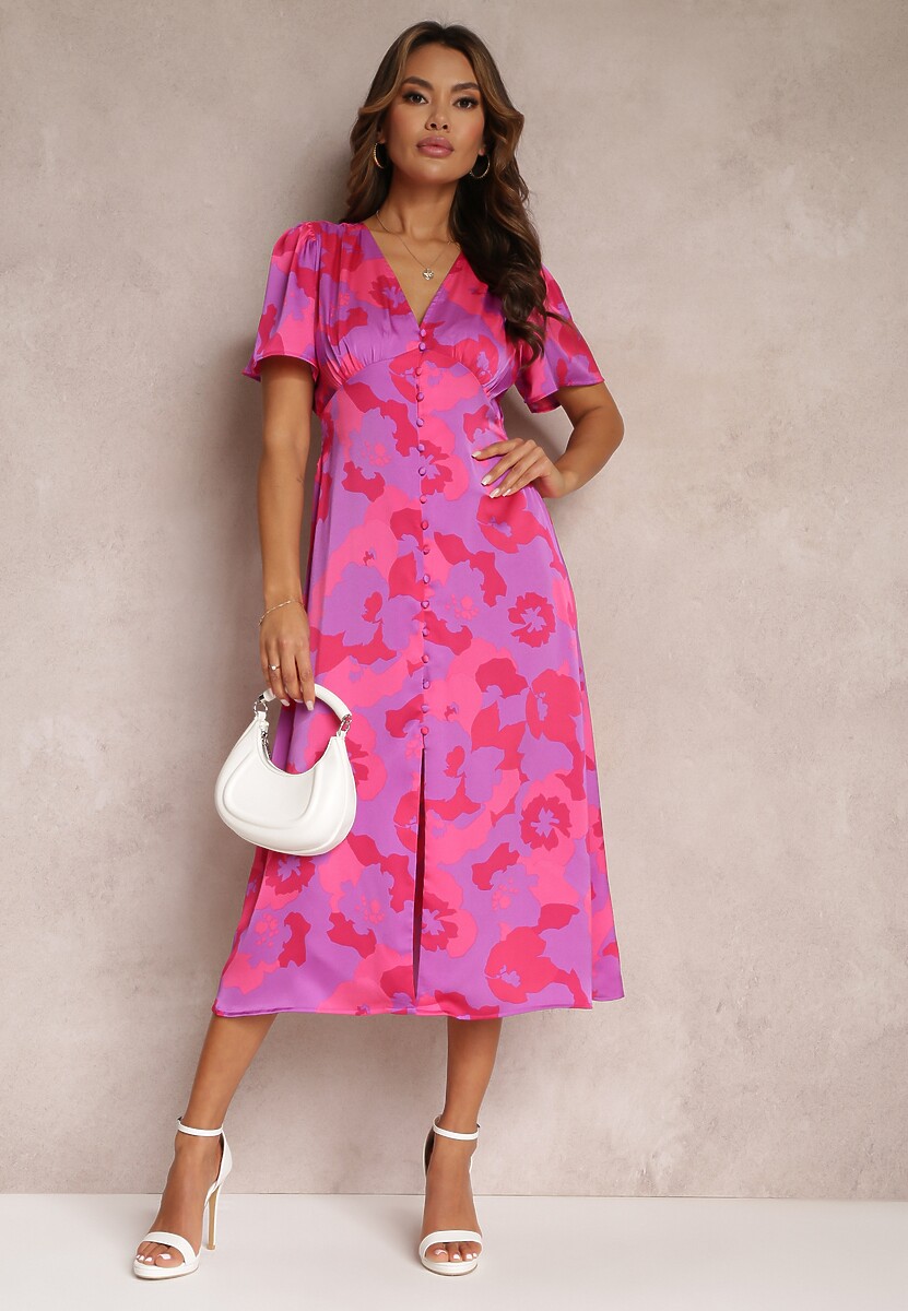 Zielona Rozkloszowana Sukienka na Guziki w Kwiaty Meliar