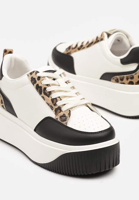 Biało-Czarne Sneakersy na Platformie z Motywem Panterki Fonavia
