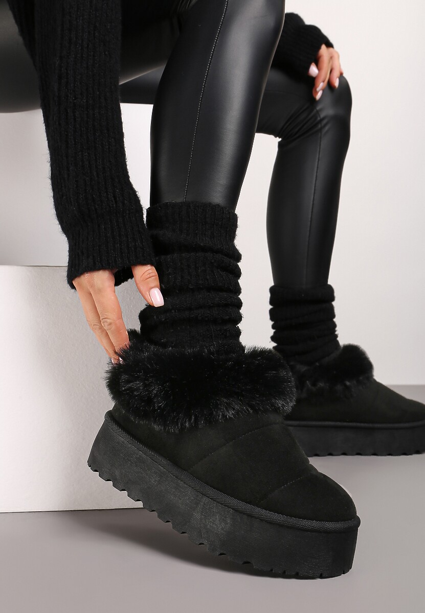 Czarne Śniegowce na Grubej Podeszwie z Ociepleniem z Futerka Tirisha