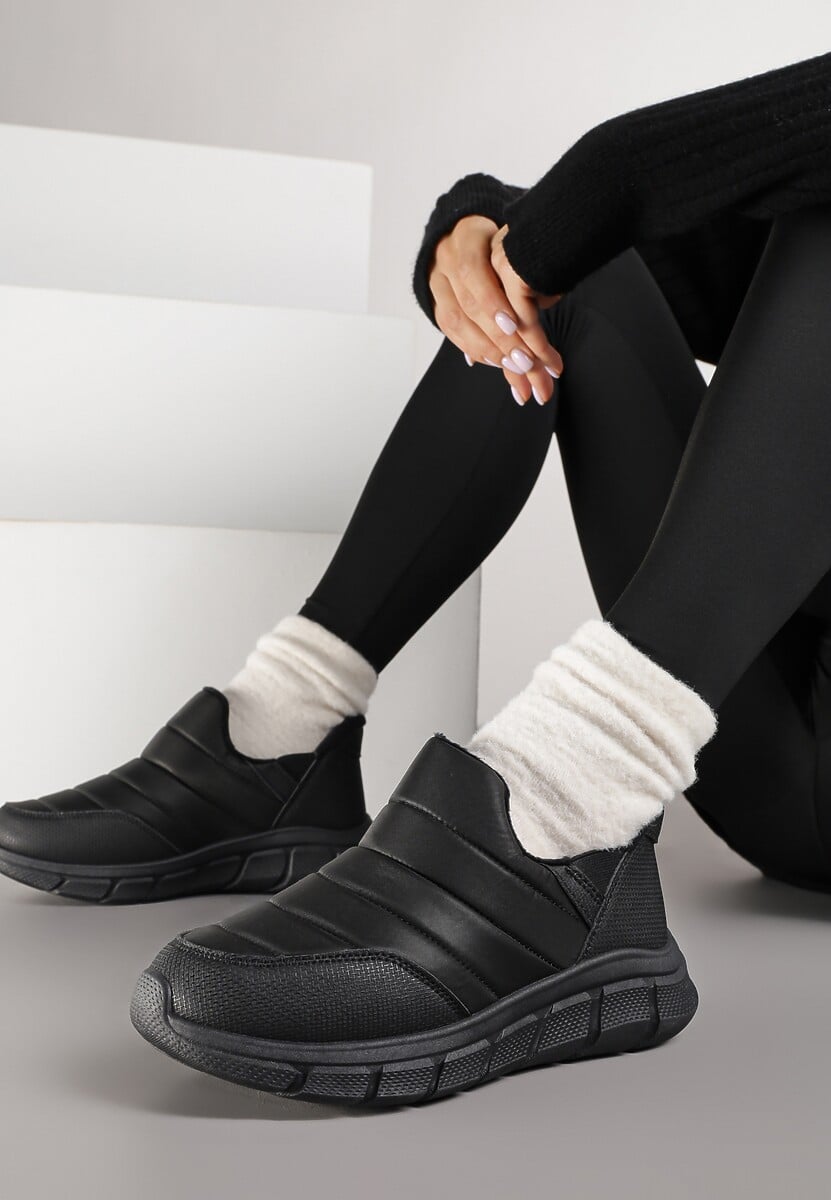 Czarne Sneakersy Śniegowce na Platformie z Tłoczeniem i Pikowaną Cholewką Vermina