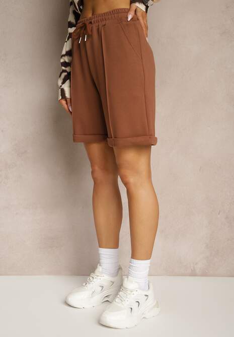 Brązowe Casualowe Szorty High Waist z Kieszeniami Wykończone Gumką Shezetta