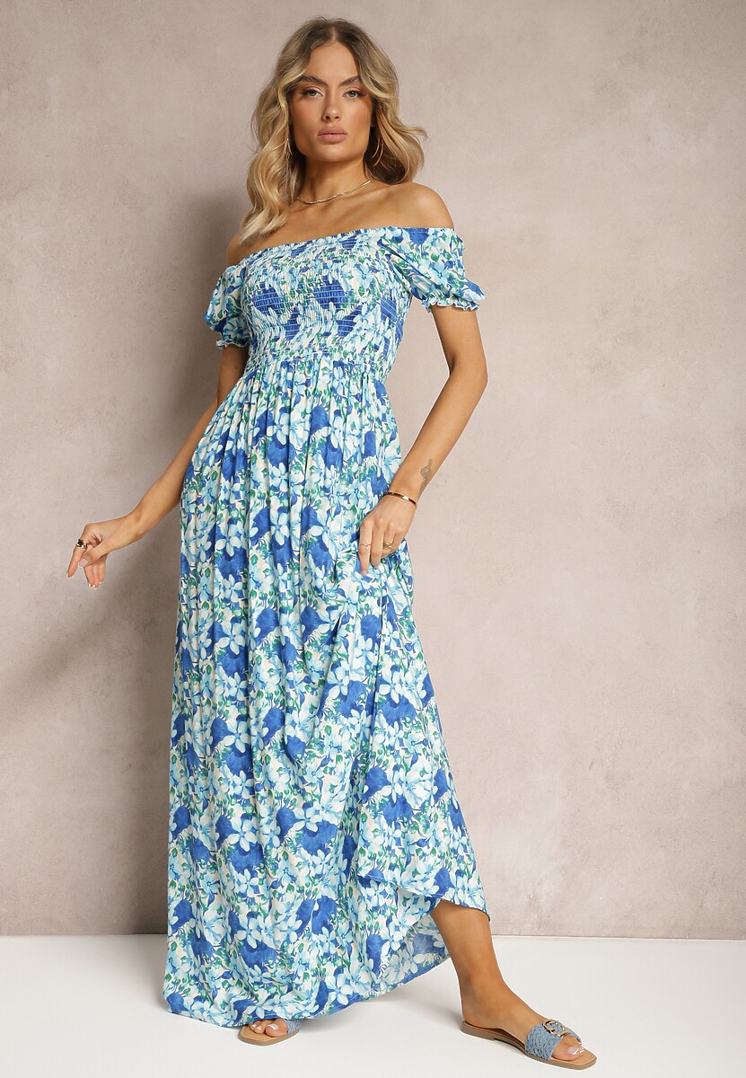 Fioletowo-Niebieska Hiszpanka Sukienka o Rozkloszowanym Kroju i Gumkami przy Dekolcie Kaseria