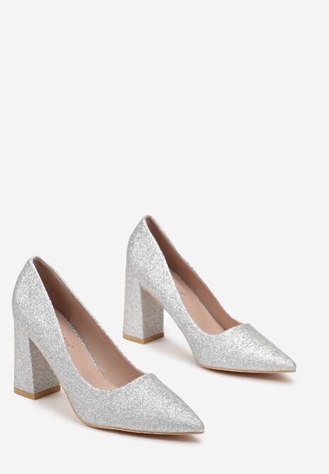 Srebrne Połyskujące Czółenka na Słupku z Noskiem w Szpic Pigna