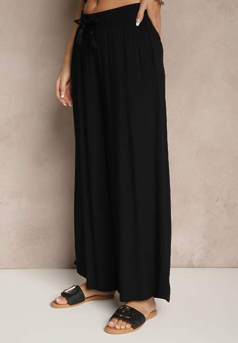 Czarne Szerokie Spodnie z Wiskozy ze Sznurkiem Natisetia