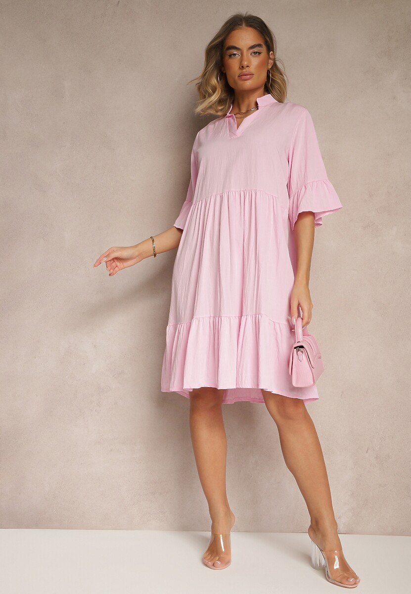 Różowa Rozkloszowana Sukienka z Wiskozą i Falbanami Eviranna