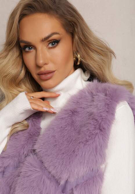 Fioletowa Futrzana Kamizelka z Wstawkami z Ekoskóry Lewja