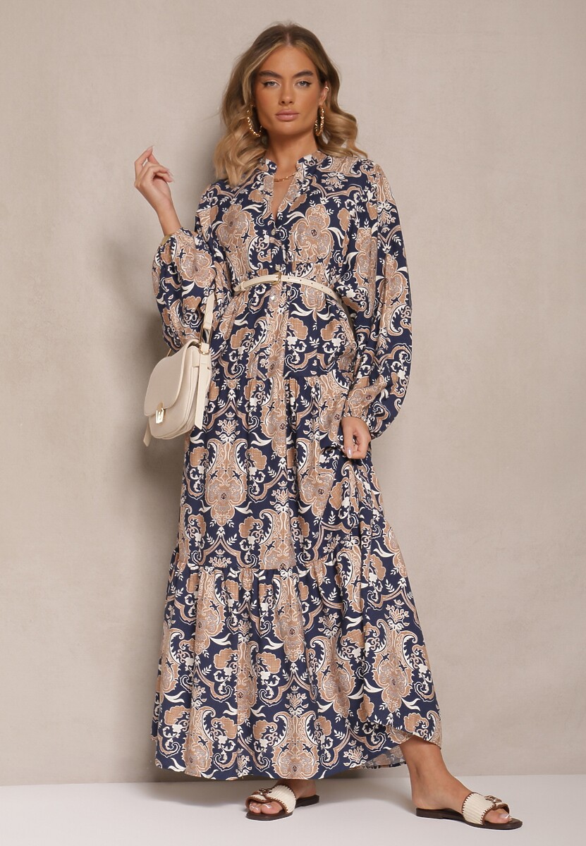 Niebieska Rozkloszowana Sukienka z Wiskozy z Dekoltem w Kształcie Litery V Atenavela