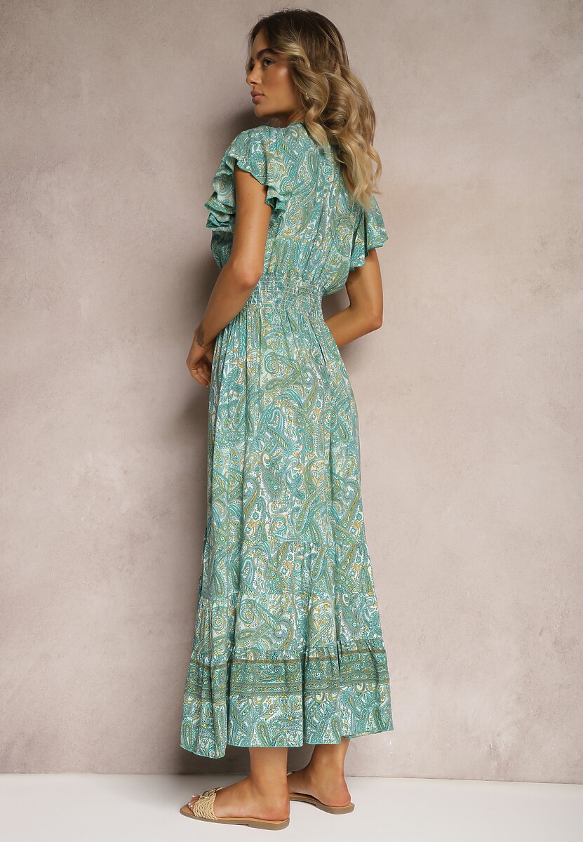 Zielona Bawełniana Sukienka Paisley z Kopertowym Dekoltem z Falbaną i Gumką w Talii Brionea